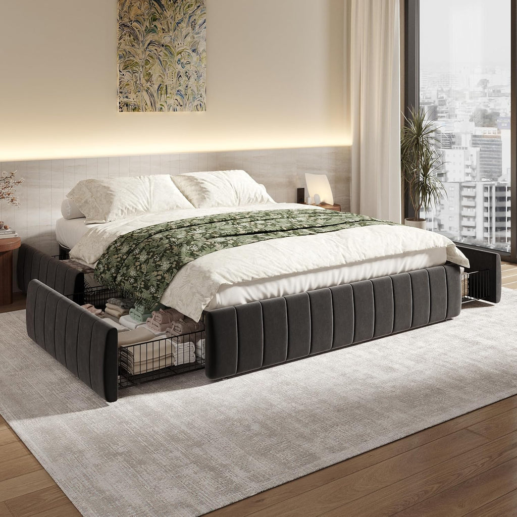 SHA CERLIN Queen Size Velvet Upholstered Platform Bed Frame with 4 Storage Drawers, Vertical Channel Tufted, Low Profile, Fits Standard Headboards, Wooden Slats Support, Easy Assembly, Black
