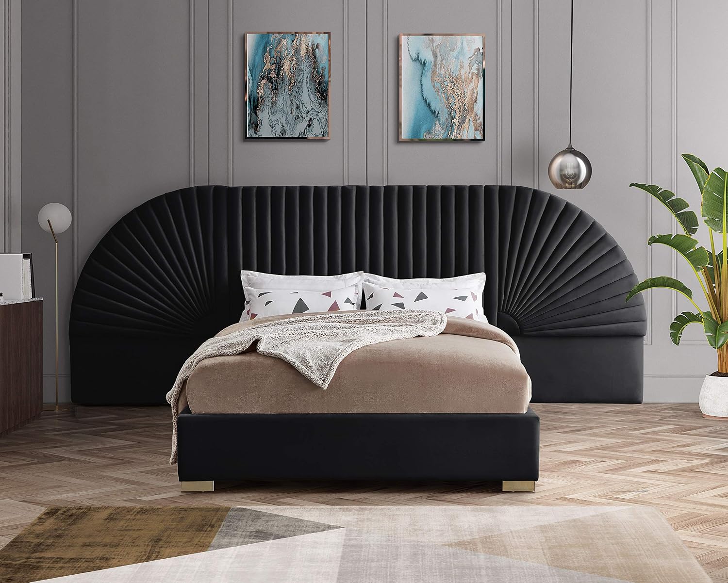 Meridian Furniture Cleo Collection Modern | Contemporary Velvet Upholstered Bed with Gold Steel Legs and Removable Panels, Queen, Black