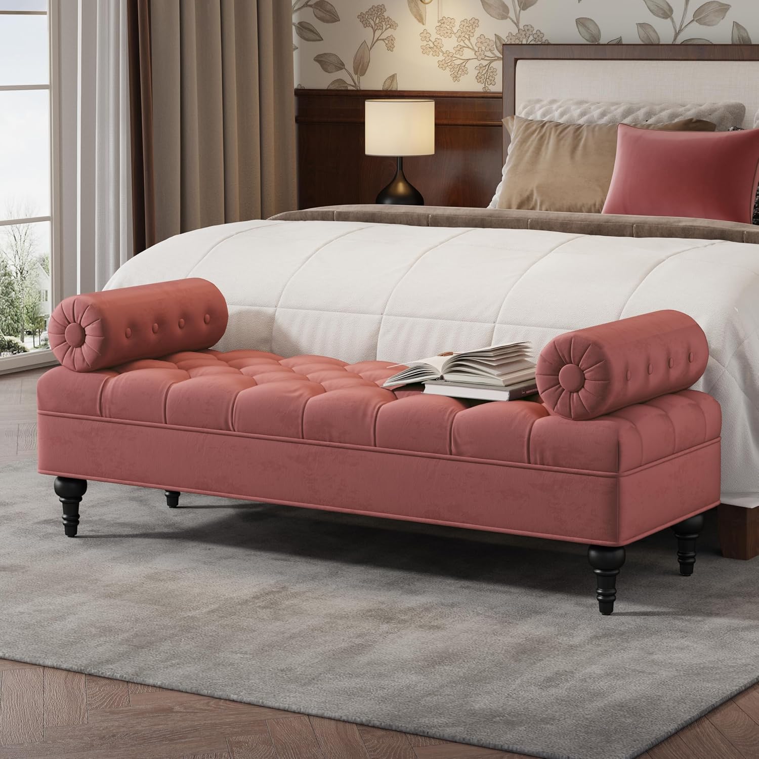 Christopher Knight Home Emmie Modern Velvet Ottoman Bench with Detachable Pillow, Wooden Bedroom End of Bed Bench, Upholstered Entryway Ottoman Foot Rest, Living Room Sofa Extra Seat, Reddish Pink
