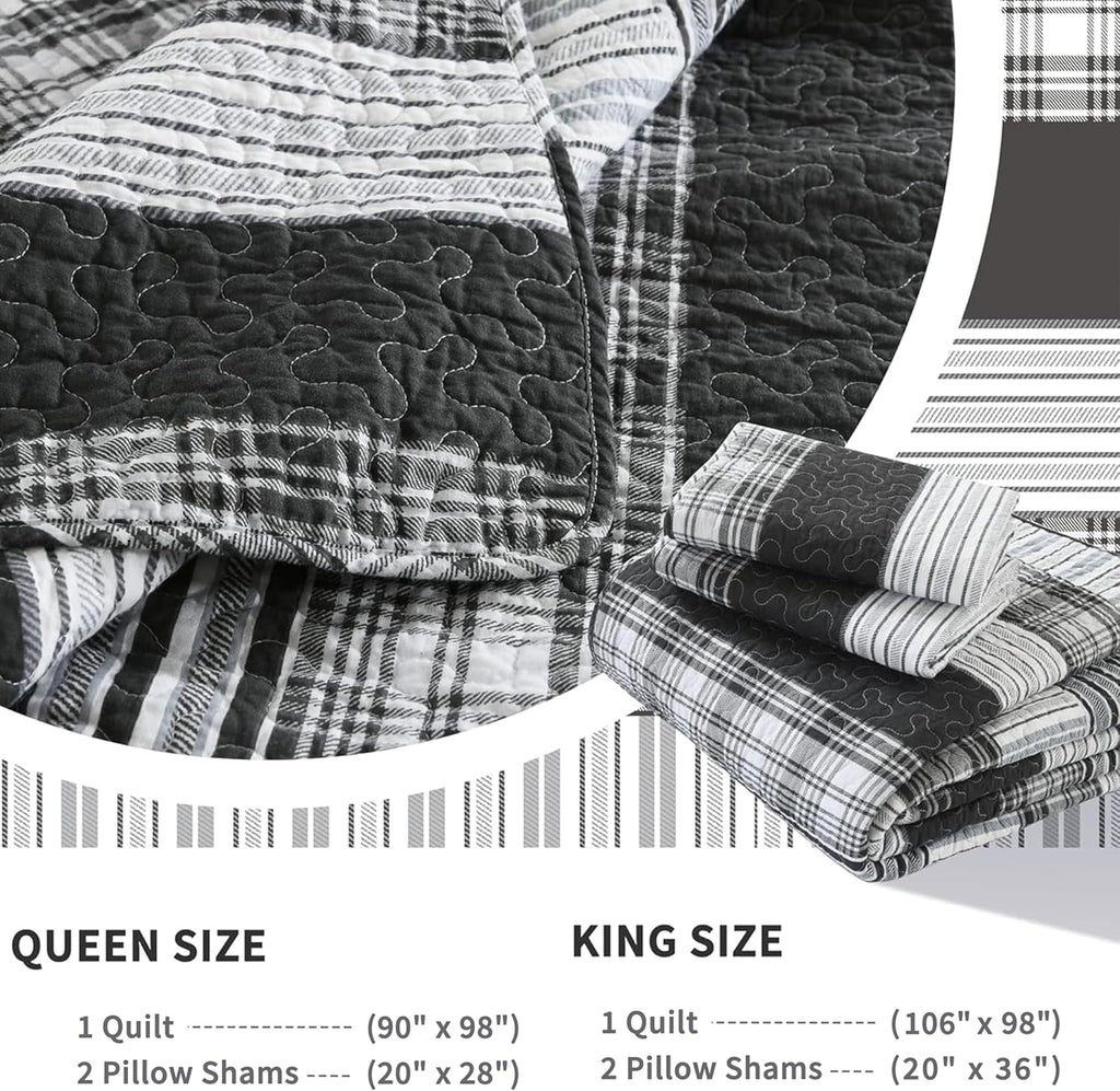 Homzard King Size Comforter - 100% Cotton, Black White Striped King Quilt Bedding Set,Black Grey Plaid Striped Bedding King,Farmhouse Lightweight Comforter for Bed,All Season