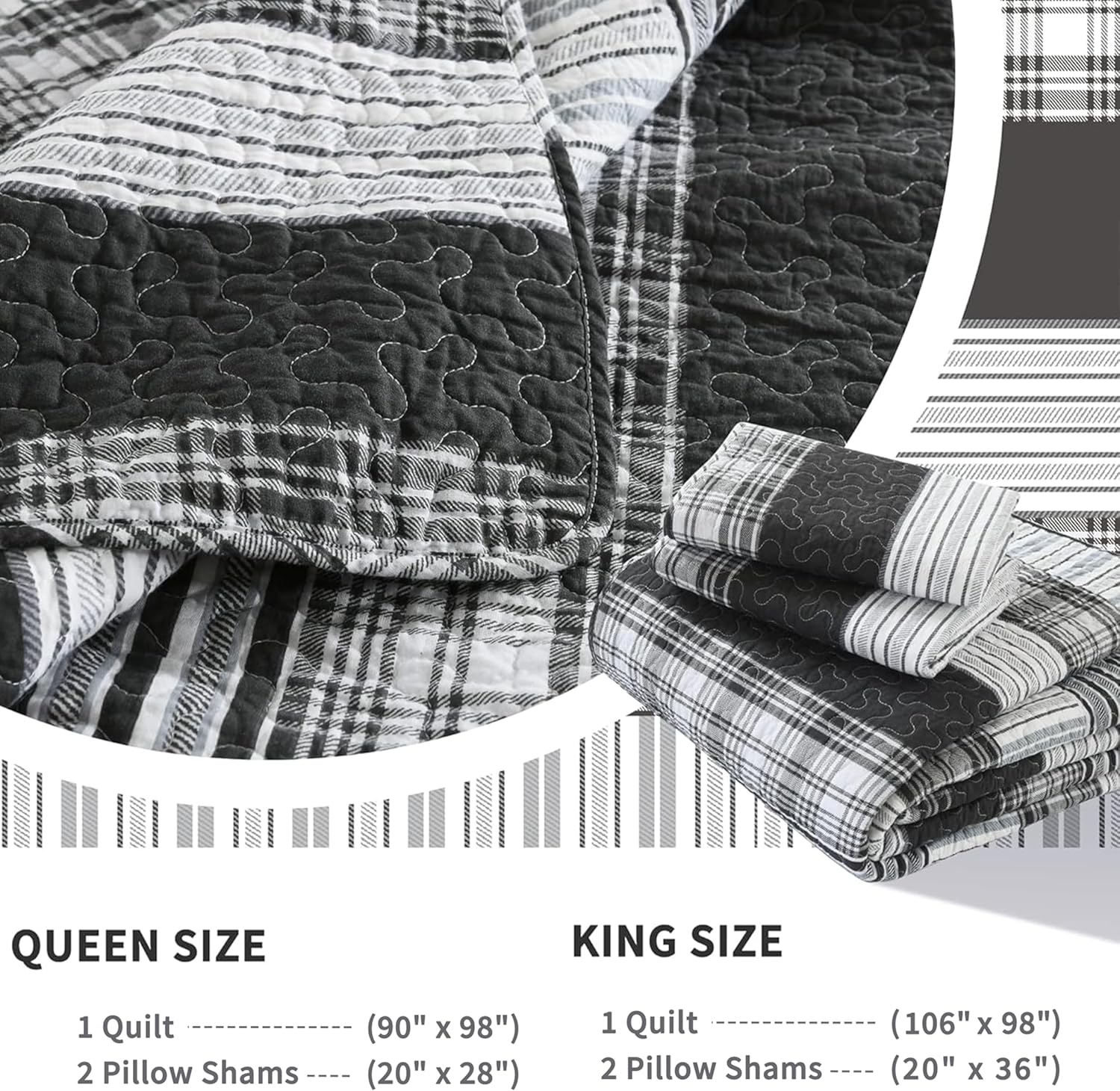 Homzard King Size Comforter - 100% Cotton, Black White Striped King Quilt Bedding Set,Black Grey Plaid Striped Bedding King,Farmhouse Lightweight Comforter for Bed,All Season