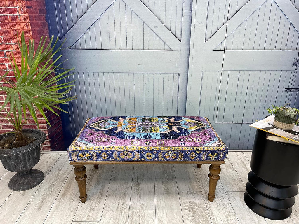 Generic Handmade Oriental Rug Bench, Pink, Wood, Cotton Fabric, Sponge
