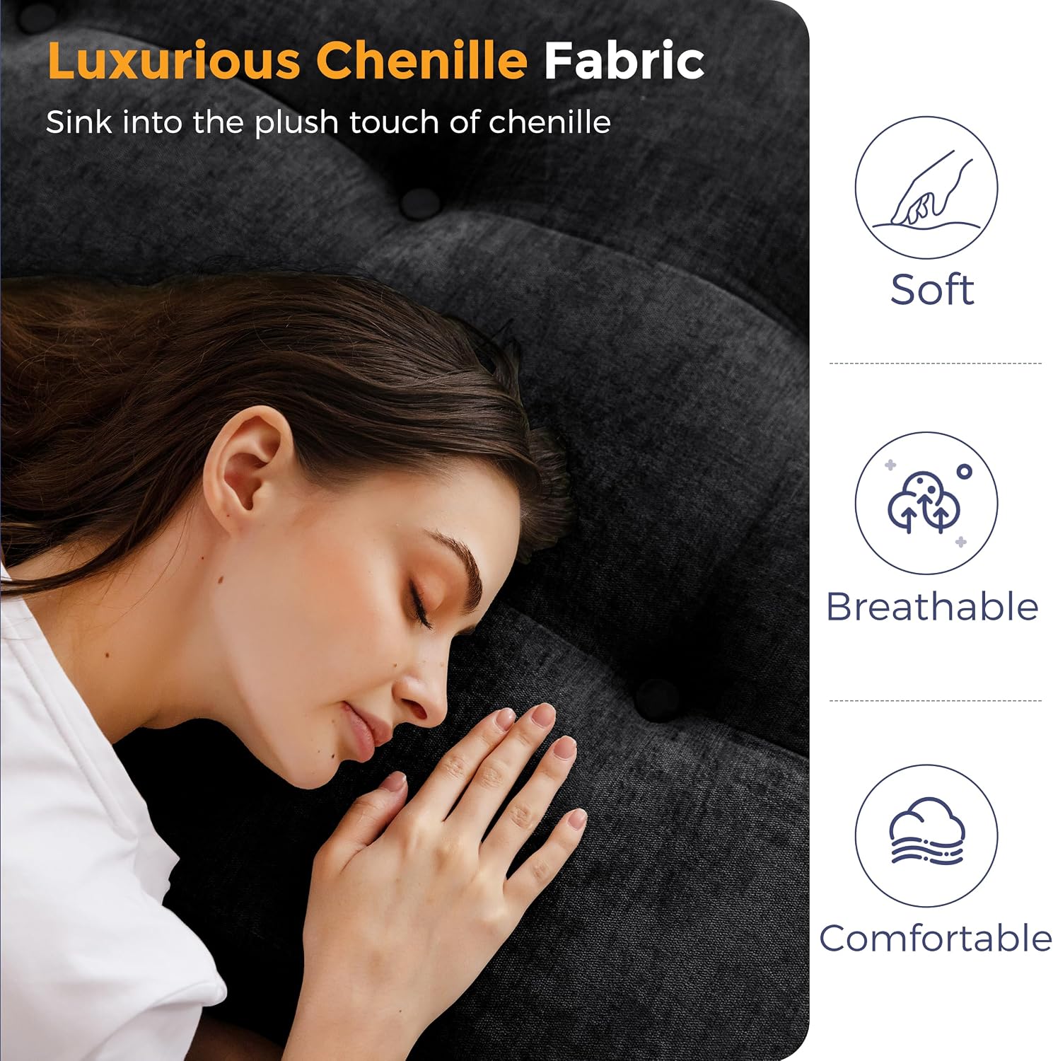 MAXYOYO 6' Folding Sofa Bed for Floor, Tufted Tri-Fold Floor Mattress with Chenille Fabric, Queen Size Portable Sofa Couch Guest Mat for Adults, Foldable Topper for Camping, Black, 59'x78.7'