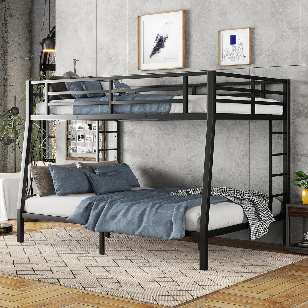 Setawix Metal Full XL Over Queen Bunk Bed,Heavy Duty Queen Bunk Beds for Adults,Industrial Bunkbed with Ladders for Kids,Teens,Boys,Girls,Space Saving,Low Noice (Black, Full XL Over Queen)
