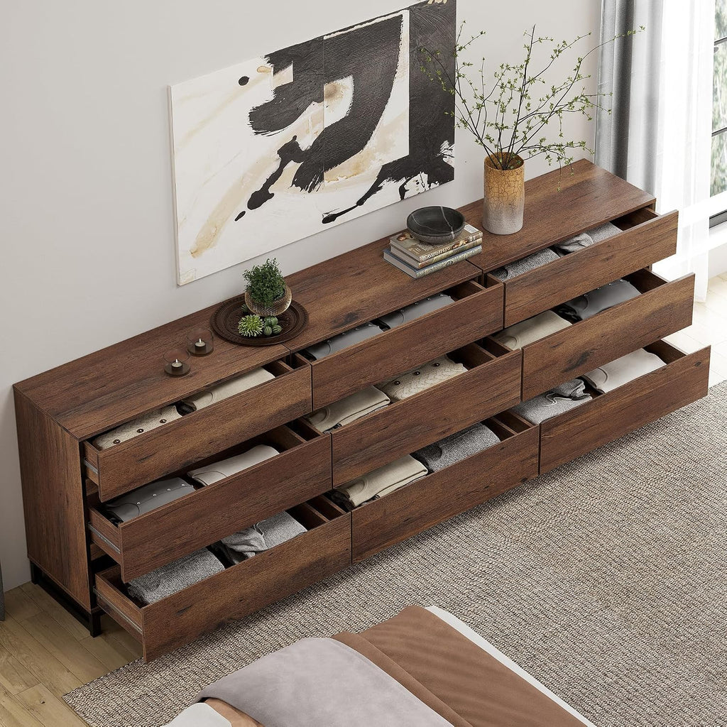 WAMPAT 3-Piece Modern Bedroom Furniture Set, 94.5-Inch Dresser with 9 Drawers and 2 Nightstands Featuring Drawer and Cabinet Design, Bedroom Set of 3, Brown
