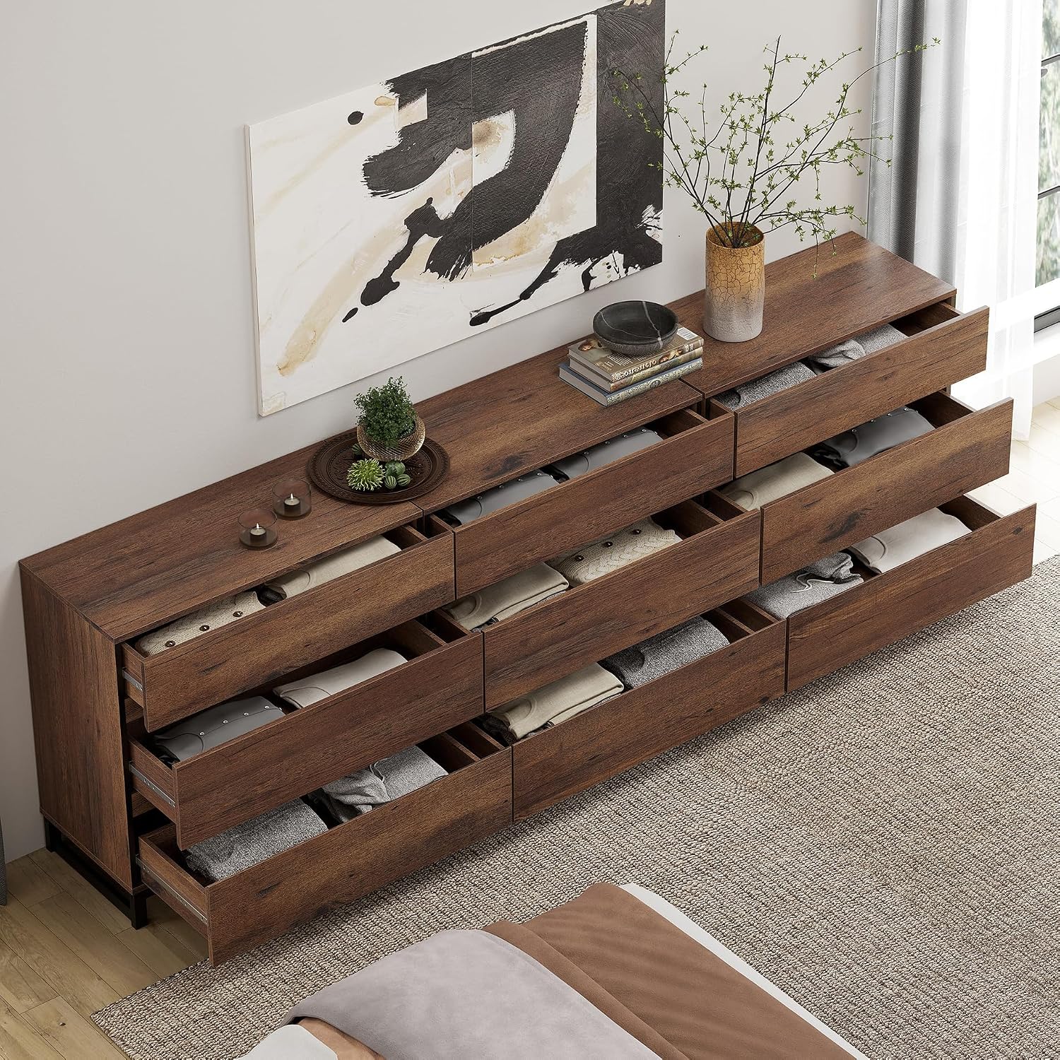 WAMPAT 3-Piece Modern Bedroom Furniture Set, 94.5-Inch Dresser with 9 Drawers and 2 Nightstands Featuring Drawer and Cabinet Design, Bedroom Set of 3, Brown