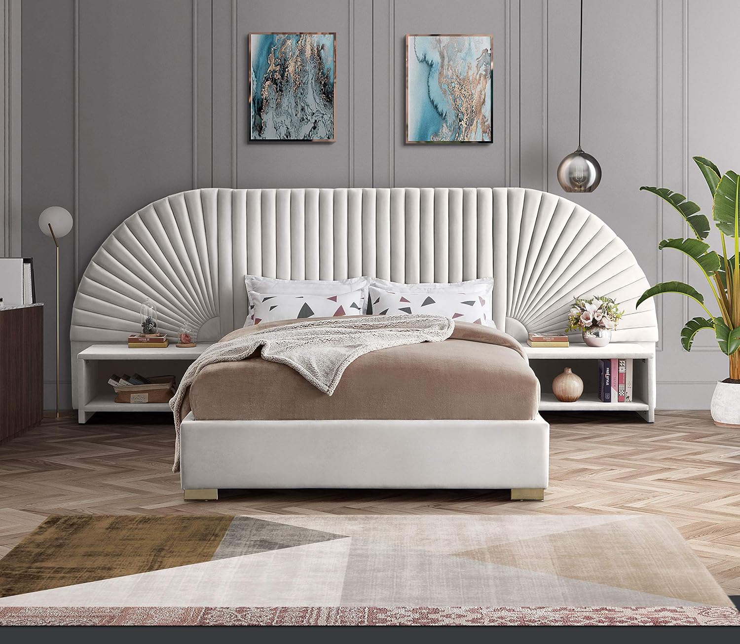 Meridian Furniture Cleo Collection Modern | Contemporary Velvet Upholstered Bed with Gold Steel Legs and Removable Panels, Queen, Cream