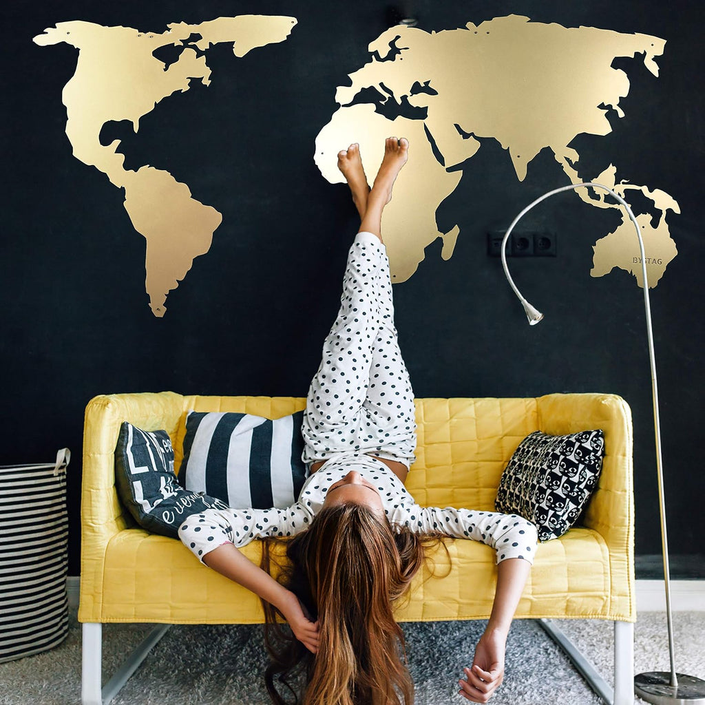 World Map Wall Art, 100% Metal World Map 2D, Sculpture, Large and Wide - Size (23.6' x 47.2') - Wall Hanging for Living Room, Bedroom, Dorm (Gold)