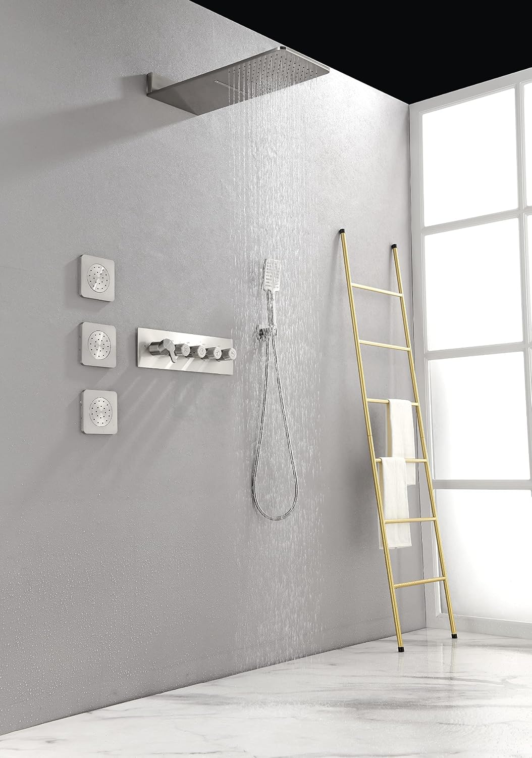 Luxury Thermostatic Waterfall Wall Mounted Rain Shower System with 3 Body Sprays & Handheld Shower Bathroom Shower Combo Set,Solid Brass Rough-in Valve Included for Bathroom (Brushed Nickel)