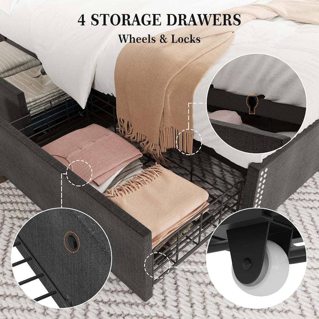 Upholstered Queen Bed Frame with 4 Storage Drawers, Wingback Headboard with Charging Station, Diamond Stitched Button Tufted Design, No Box Spring Needed, Grey