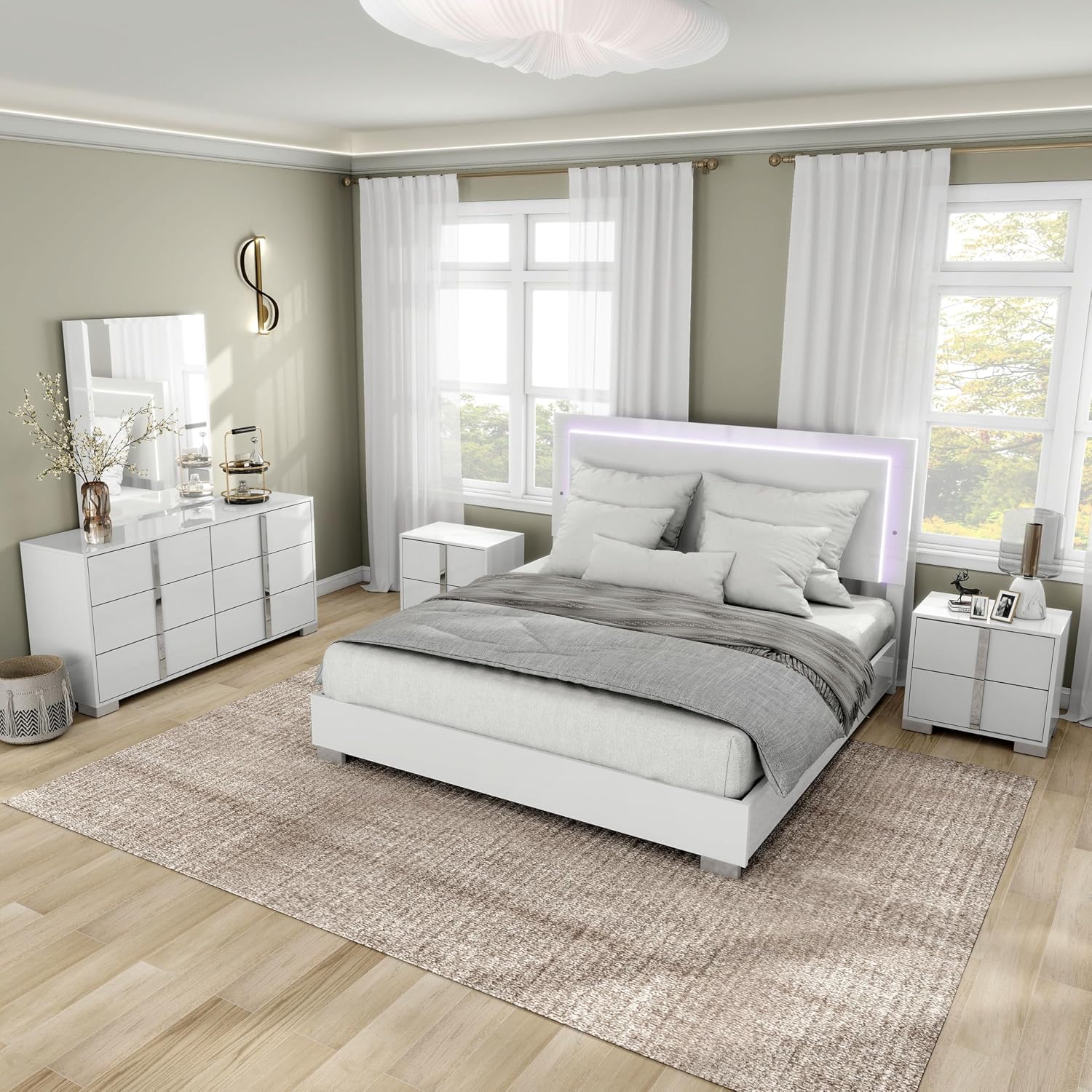 Furniture of America Alistair Modern Wood 5-Piece Bedroom Collection with Bed Frame, 2-Drawer Nightstands and 6-Drawer Dresser with Mirror, Box Spring Required,White, Queen