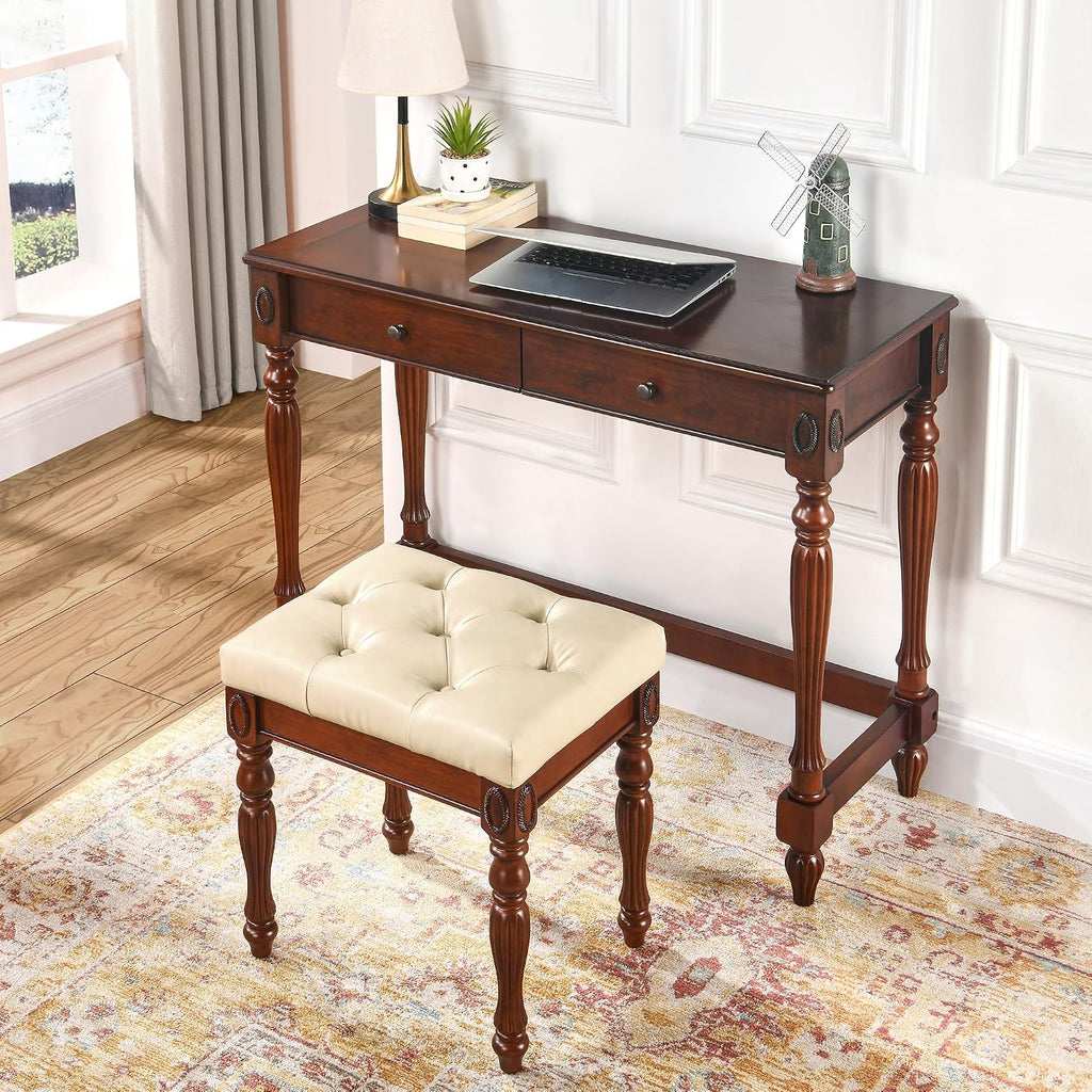 Vanity Bench Stool with Upholstered Seat, Piano Bench with Solid Wood Carving Legs, Home Chairs Button Padded Cushion, Makeup Dressing Bench, No-Tools Assembly, Cherry Walnut Leg & Beige FD1533BG