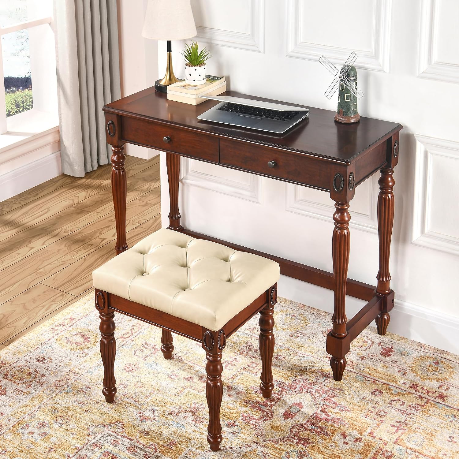 Vanity Bench Stool with Upholstered Seat, Piano Bench with Solid Wood Carving Legs, Home Chairs Button Padded Cushion, Makeup Dressing Bench, No-Tools Assembly, Cherry Walnut Leg & Beige FD1533BG