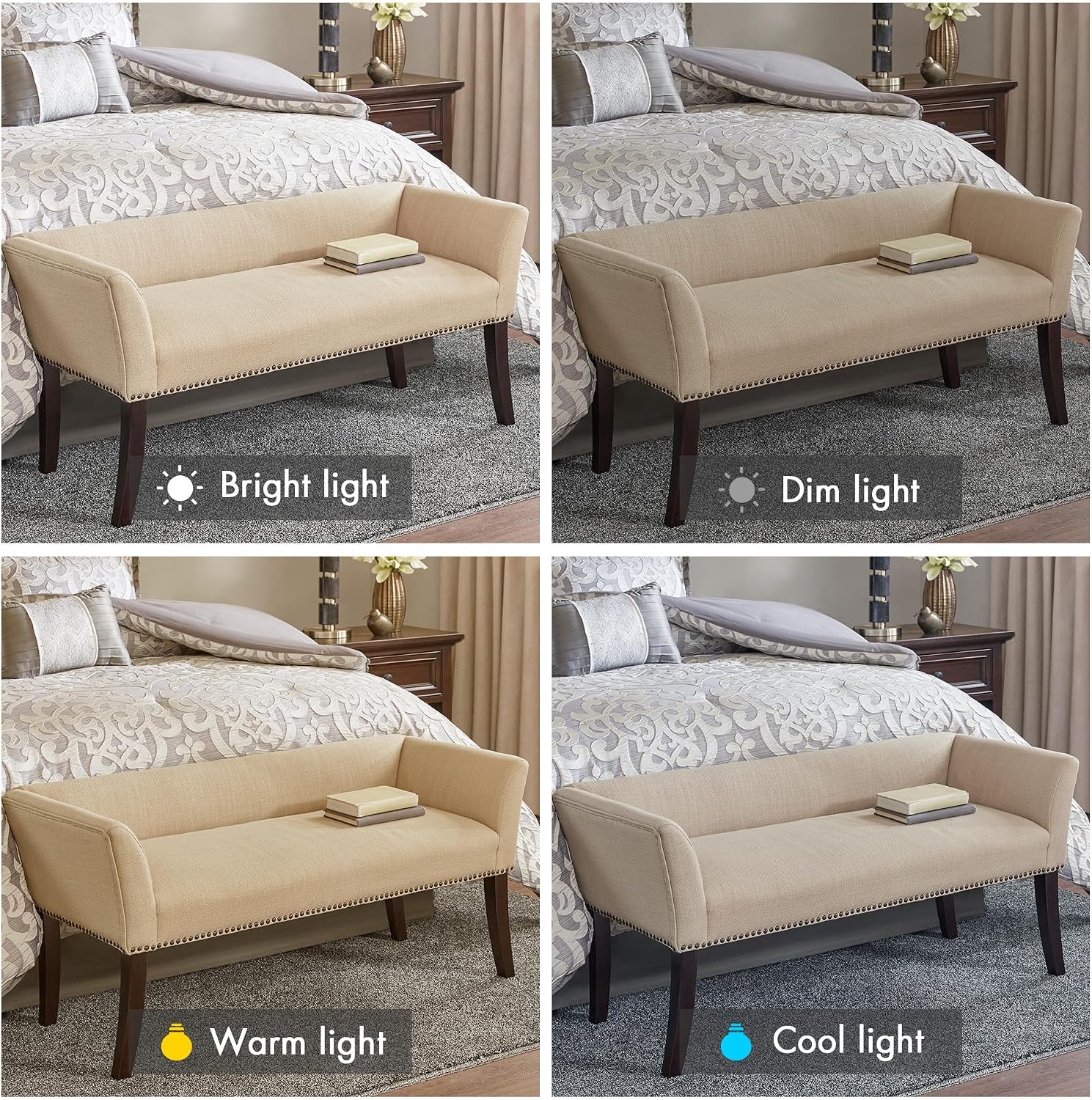 Madison Park Accent Bench, Upholstered with Nailhead Trim, & Padded Seat Entryway Bench Small, End of Bed Bench with Back, 49.5' W x 19.25' D x 23' H, Tan