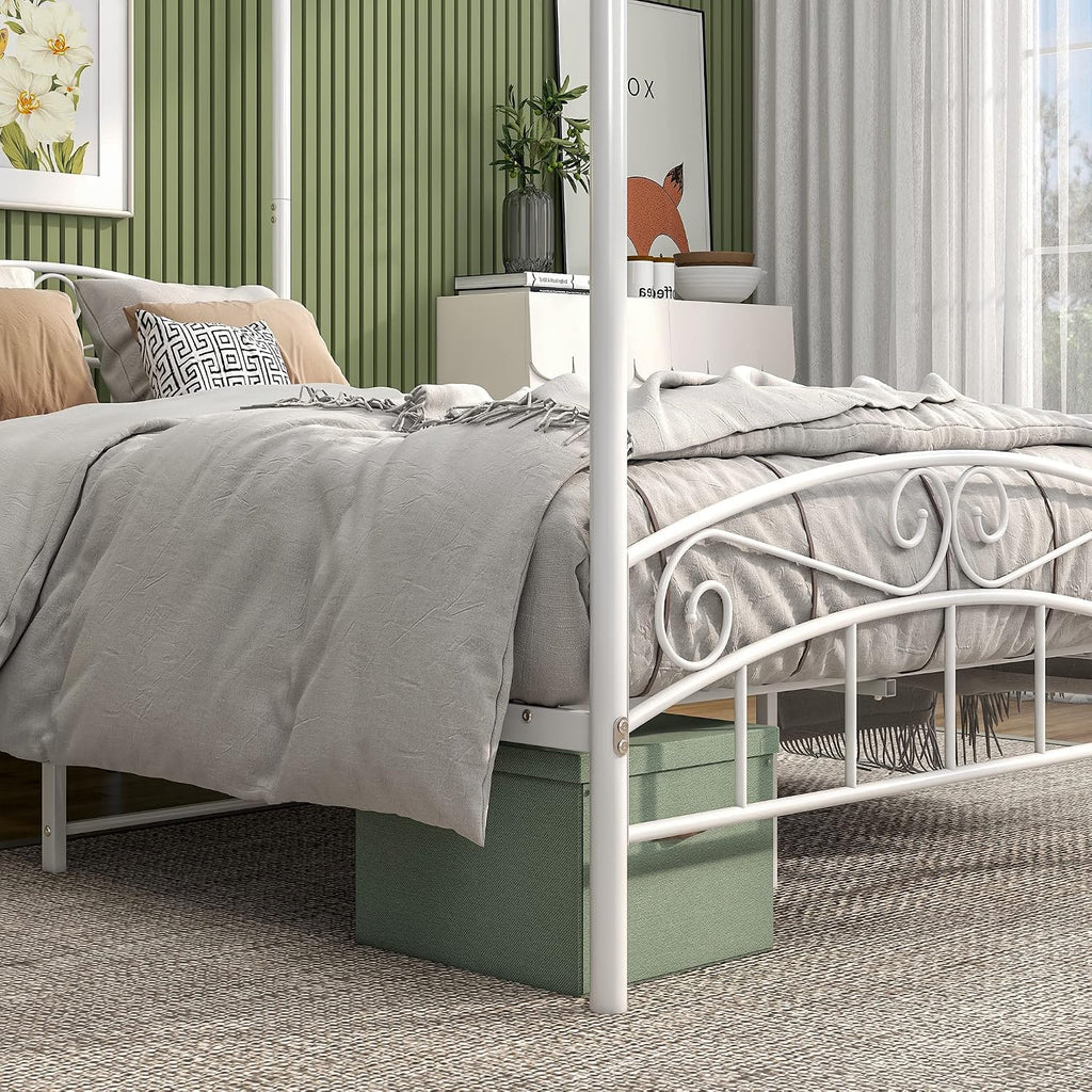 Metal Canopy Bed Frame Four-Poster Bed with Headboard & Footboard Mattress Foundation Sturdy Slatted Structure No Box Spring Needed Easy Assembly,Full White