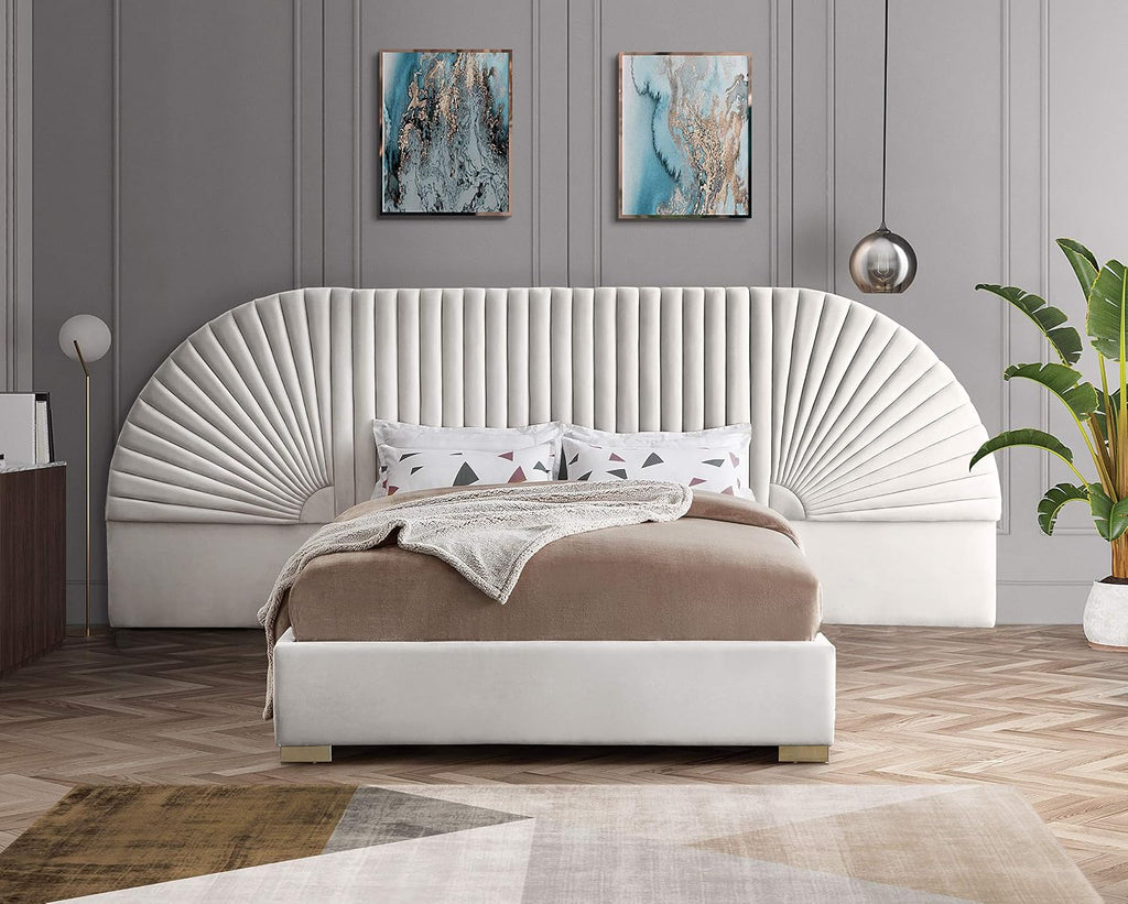 Meridian Furniture Cleo Collection Modern | Contemporary Velvet Upholstered Bed with Gold Steel Legs and Removable Panels, Queen, Cream