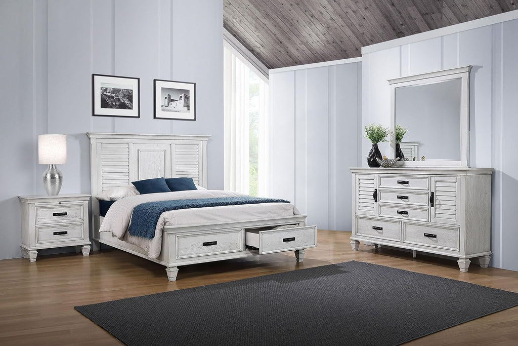 Coaster Home Furnishings Franco Farmhouse 4-Piece Bedroom Set Eastern King Size Storage Panel Bed Frame 57-inch Headboard Distressed White 205330KE-S4