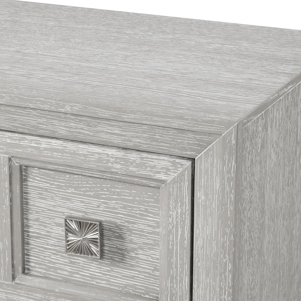 Furniture of America Narella Modern Wood 5-Piece Bedroom Set with Sunburst Pattern, Nickel Brushed Wire Hardware, Felt-Lined Top Drawers, Bracketed Feet, Box Spring Needed, King, Light Gray