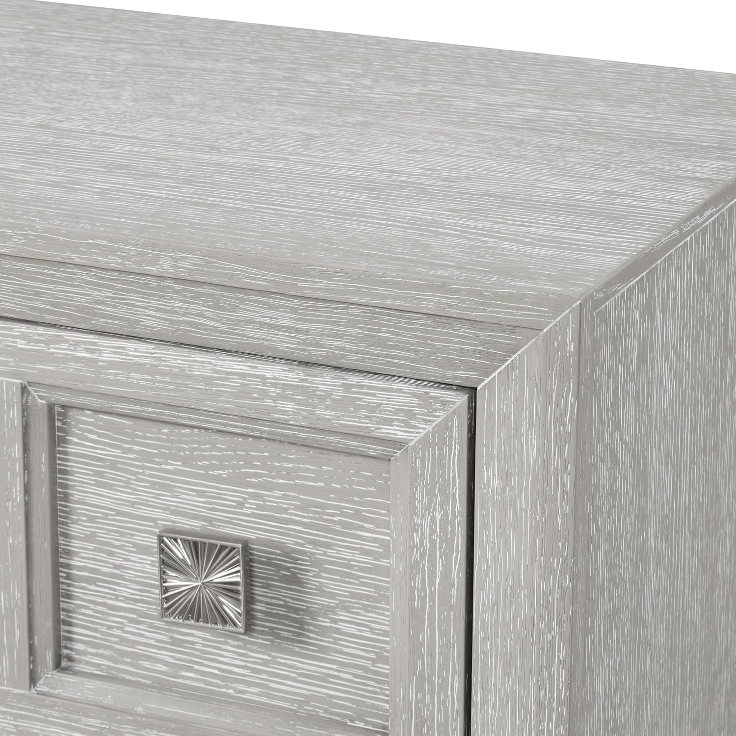 Furniture of America Narella Modern Wood 5-Piece Bedroom Set with Sunburst Pattern, Nickel Brushed Wire Hardware, Felt-Lined Top Drawers, Bracketed Feet, Box Spring Needed, King, Light Gray