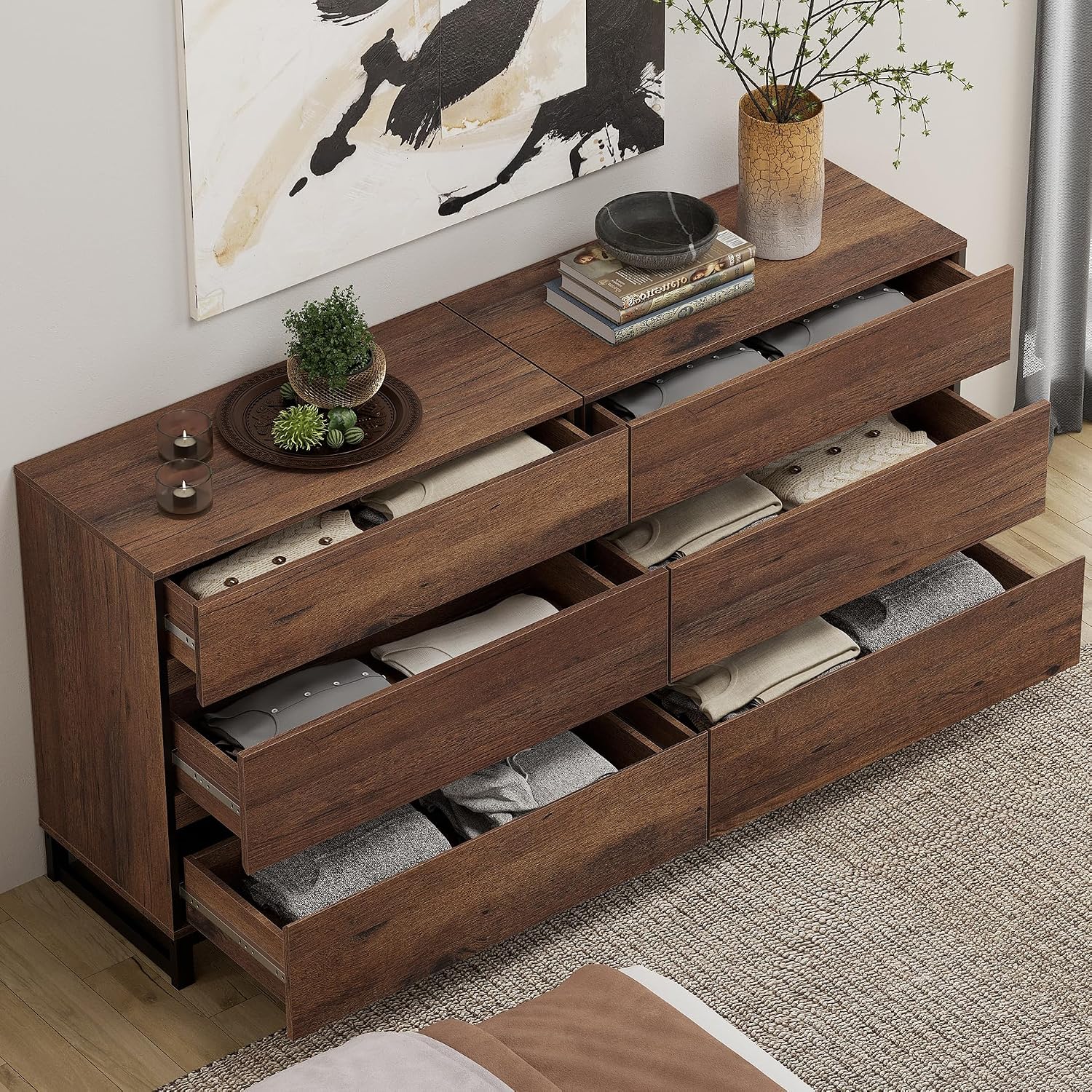 WAMPAT 3-Piece Modern Bedroom Furniture Set, 63-Inch Dresser with 6 Drawers and 2 Nightstands Featuring Drawer and Cabinet Design, Bedroom Set of 3, Brown