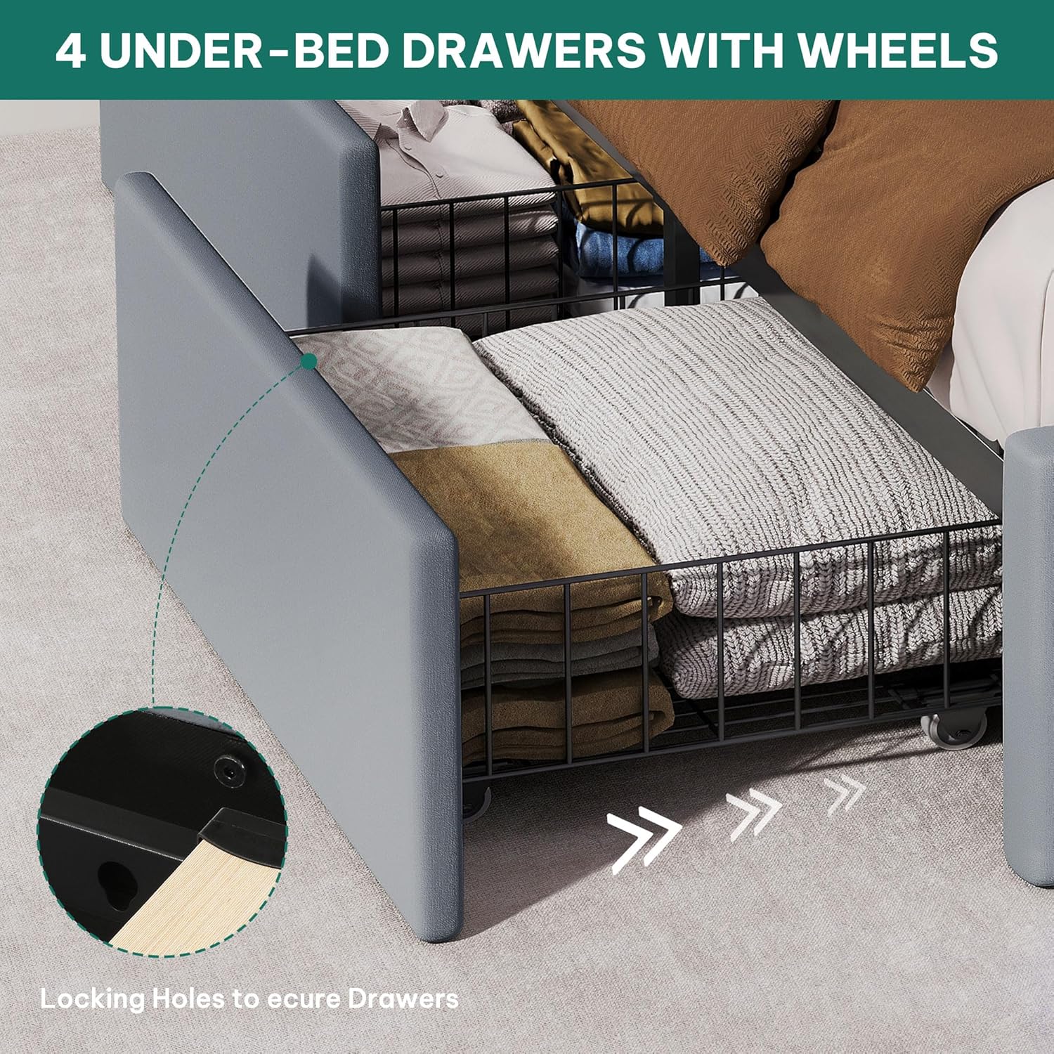 DWVO Queen Size Bed Frame with 4 Storage Drawers and RGB LED Lights, 57'' Tall Headboard Velvet Upholstered Bed with Charging Station, No Box Spring Needed, Easy Assembly, Noise-Free, Grey
