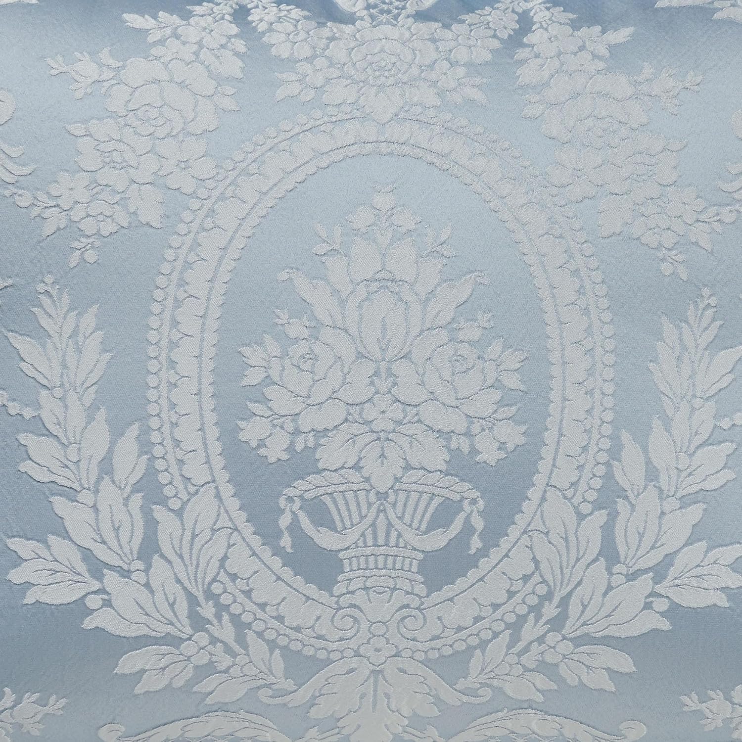 Contessa Luxury Bedding | Iced Platinum and Pastel Powder Blue | Puff Jacquard-Woven Traditional Floral Bouquets | 7 Pc Bed Set: Cal King Comforter, Bedskirt, 2 King Shams, and 3 Decorative Pillows