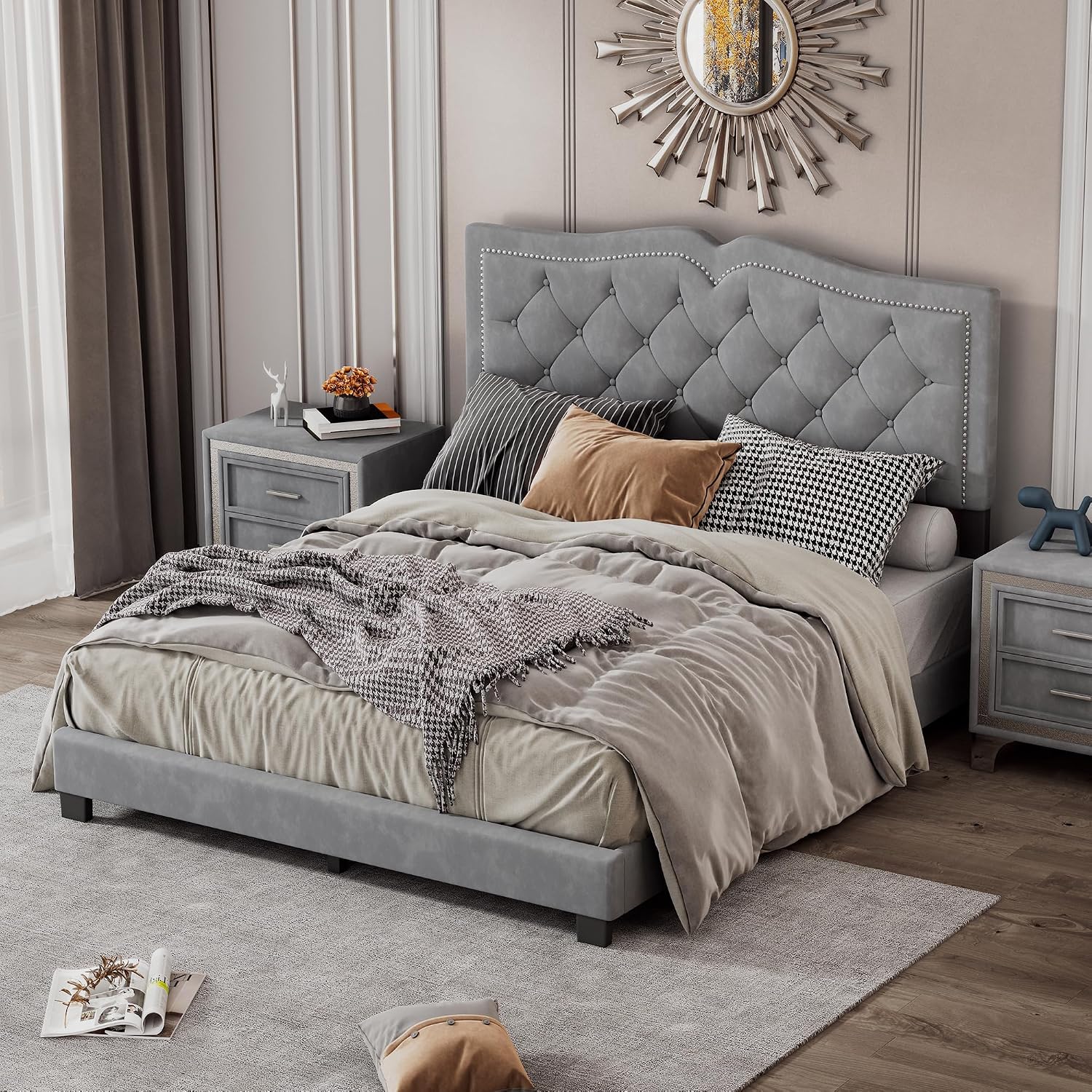 VilroCaz Elegant Velvet Design 3-Pieces Bedroom Sets, Modern Full Size Platform Bed with 2 Nightstands, Bedside Table, Rivet Design Tufted Headboard (Grey-CB, Full)