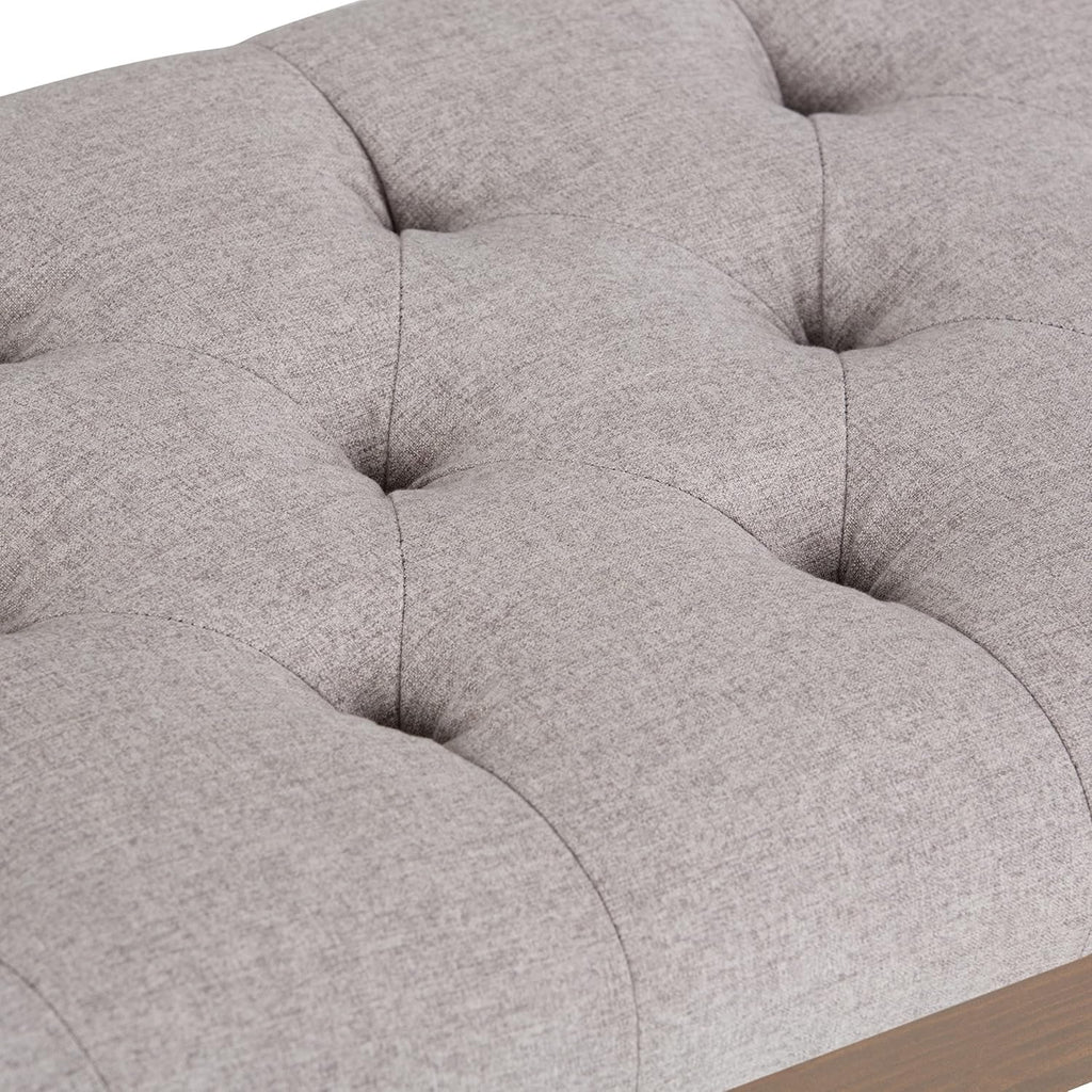 SIMPLIHOME Waverly Tufted Ottoman Bench - 48 inch Wide Upholstered Linen Look Fabric Rectangle Footstool Ottoman in Cloud Grey, Traditional Bench for Bedroom, Entryway or Living Room with Carved Legs