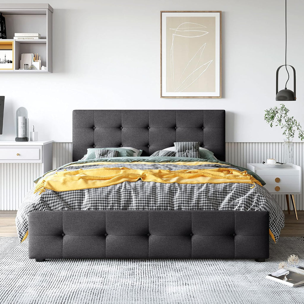 Merax Queen Size Linen Fabric Upholstered Platform Bed with 4 Storage Drawers and Classic Button Tufted Headboard, No Box Spring Needed, Dark Gray