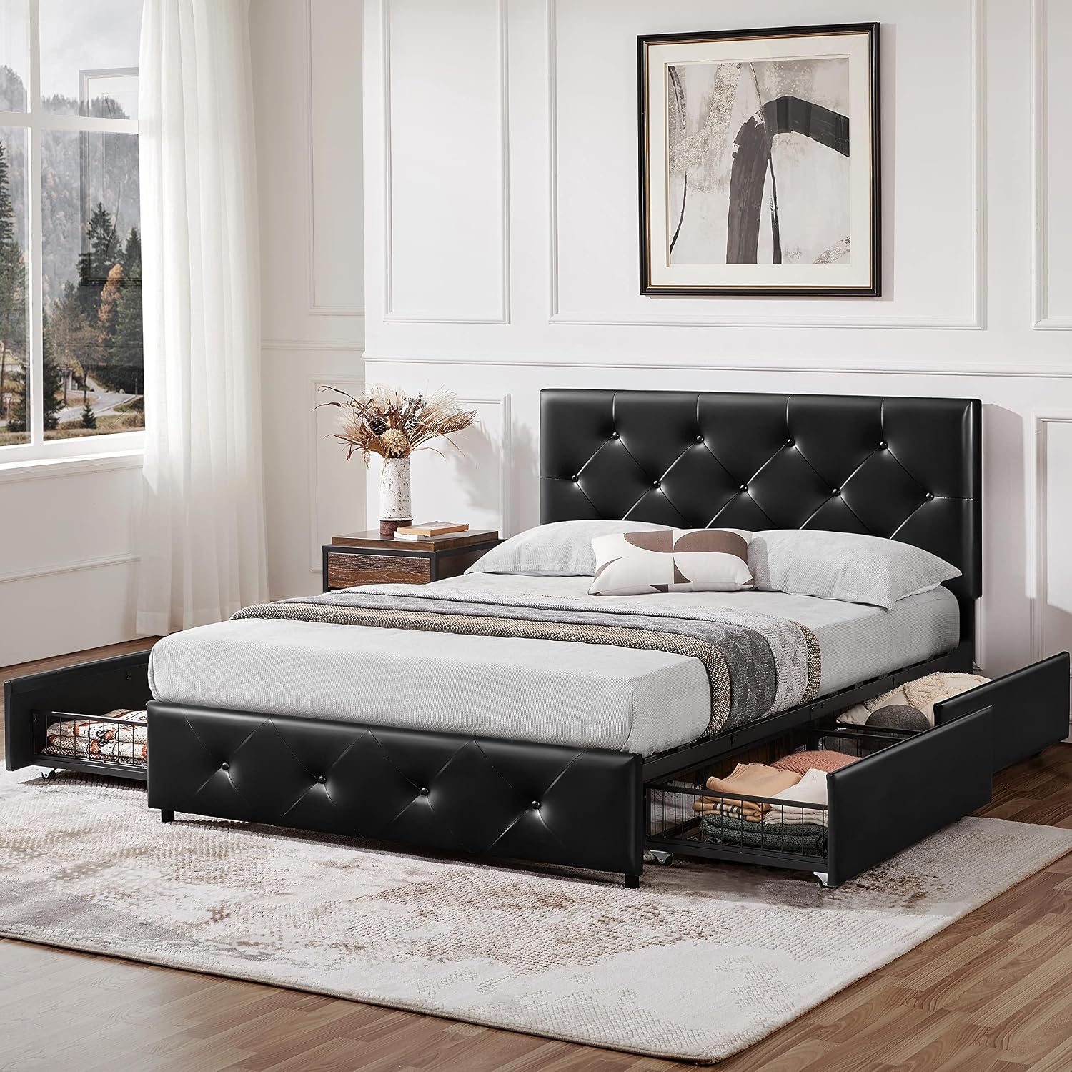Yaheetech Upholstered Bed Frame with 4 Storage Drawers and Adjustable Headboard, Faux Leather Platform Bed Frame with Mattress Foundation, Strong Wooden Slats Support, No Box Spring Needed, Black-Full