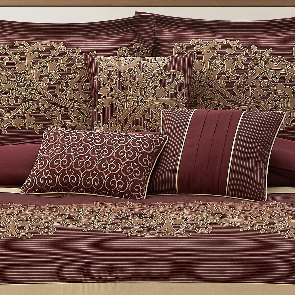 LANCO MODERN LIFESTYLE Red Gold Comforter Set, Queen, Damask Jacquard with Matching Solid Piece Work, 7 Piece Soft Bedding Set for All Season, Bed Skirt, Pillow Shams and Decorative Pillows