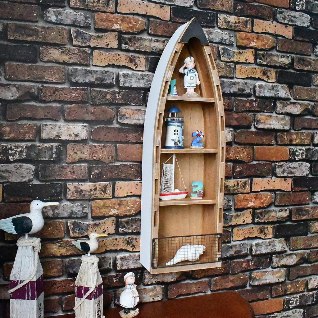 Morning View Wood Boat Shelf Decor Wall Hanging Nautical Beach Theme Display Boat with 3 Shelves Standing Boat Shelf Wooden Boat Shelf Nautical Home Decor 31.5 Inch
