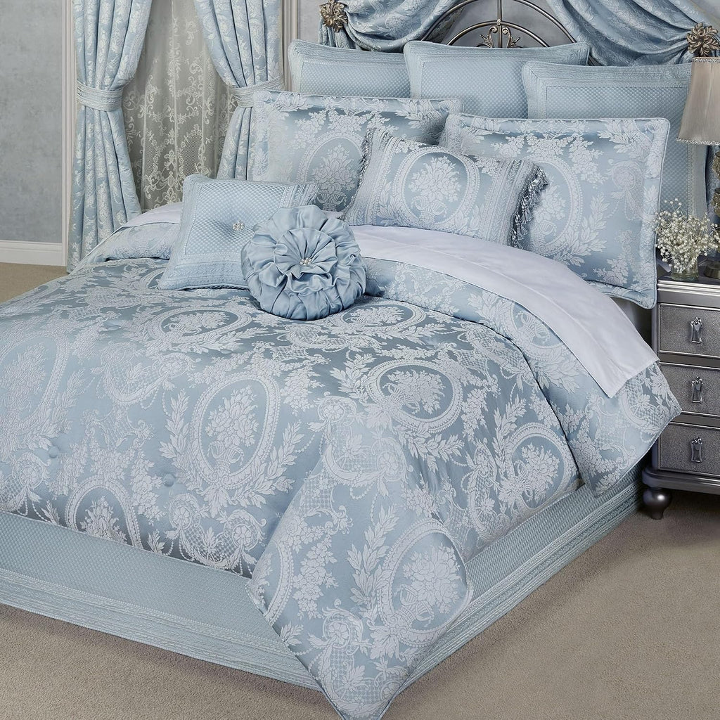Contessa Luxury Bedding | Iced Platinum and Pastel Powder Blue | Puff Jacquard-Woven Traditional Floral Bouquets | 7 Pc Bed Set: Cal King Comforter, Bedskirt, 2 King Shams, and 3 Decorative Pillows