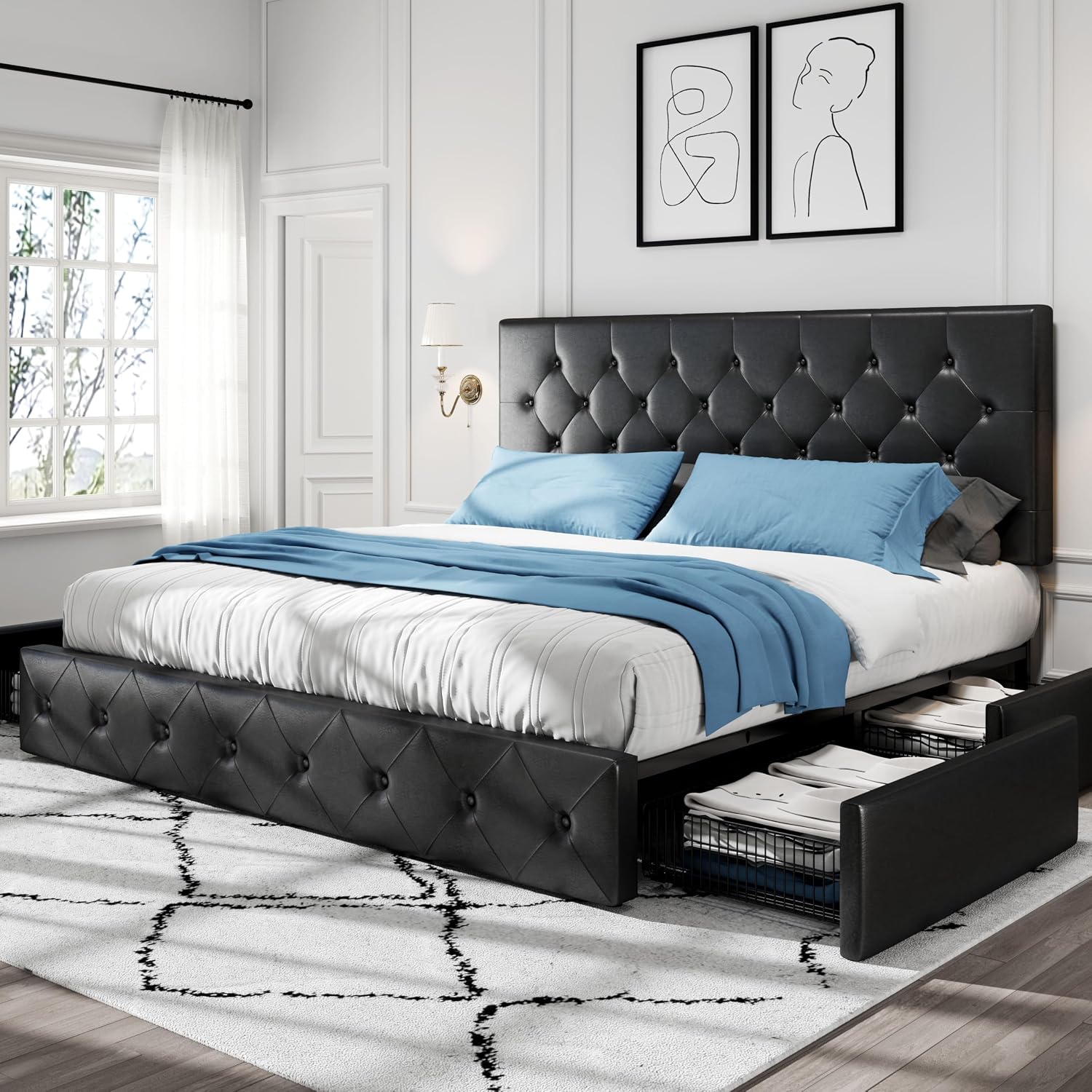 HOOMIC King Platform Storage Bed Frame with 4 Drawers & Adjustable Headboard, Wooden Slats, No Box Spring Needed, Diamond Stitched Button Tufted Design, Black
