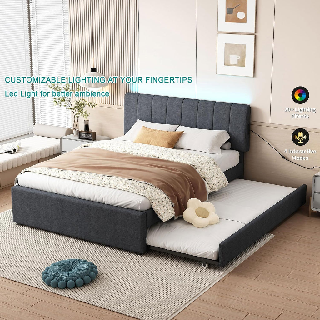 Ball & Cast Full Size Upholstered Platform Bed with Remote Control Intelligence Led Lights App and Trundle,Wood Bed Frame w/Charging Station Headboard & Eva Silent Strip,Bebframe for Apartment,Gray