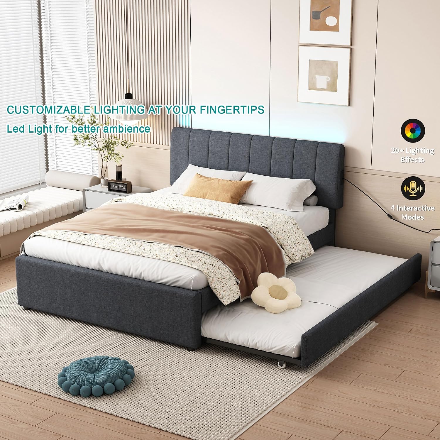 Ball & Cast Full Size Upholstered Platform Bed with Remote Control Intelligence Led Lights App and Trundle,Wood Bed Frame w/Charging Station Headboard & Eva Silent Strip,Bebframe for Apartment,Gray