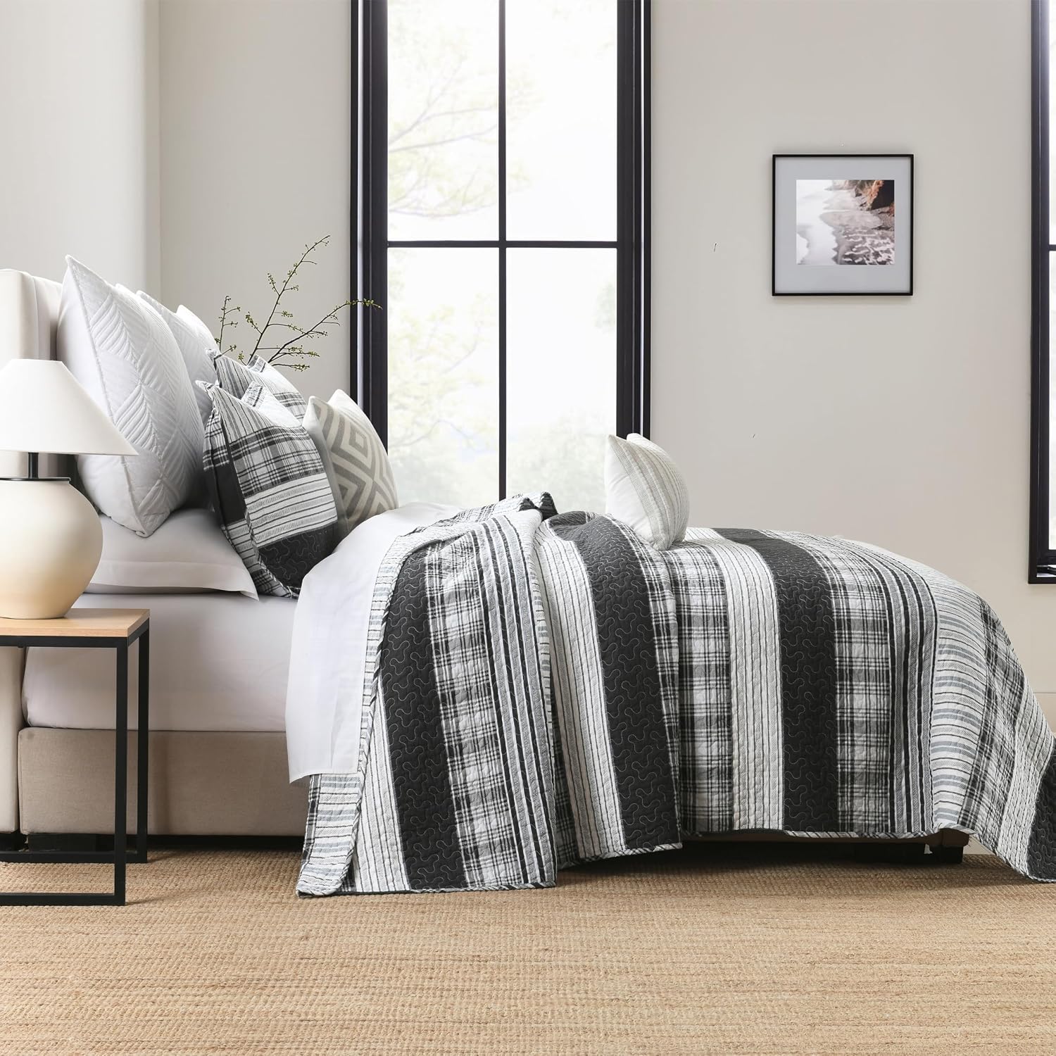 Homzard 100% Cotton Quilt Set,California King 118'' x 106'' Oversized Bedspread Set with 2 Pillow Shams, Black Plaid Striped Oversized Comforter Set, 3 Pieces Farmhouse Coverlet | Breathable