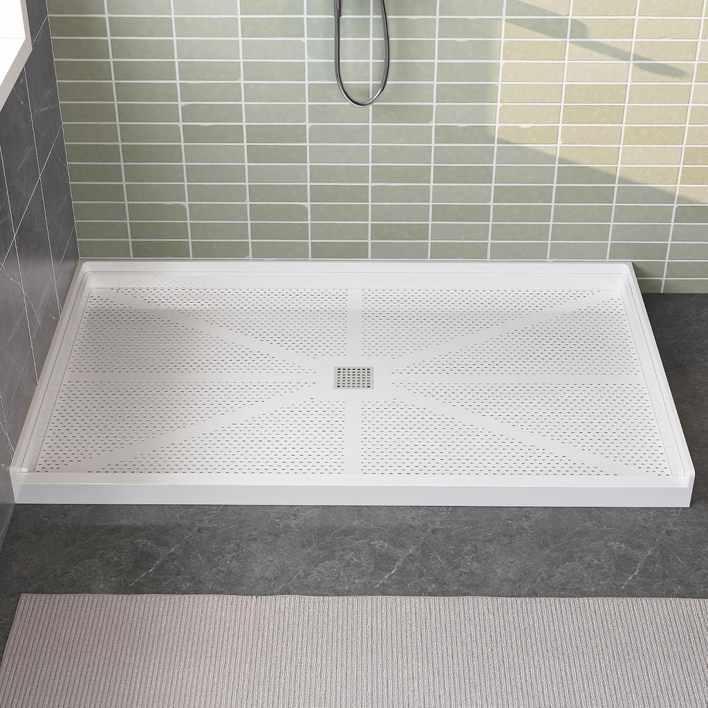 60'×32' Shower Base with Central Drain - Heavy-Duty Solid Surface Construction, 3' Barrier-Free Threshold & Slip-Resistant Textured Floor