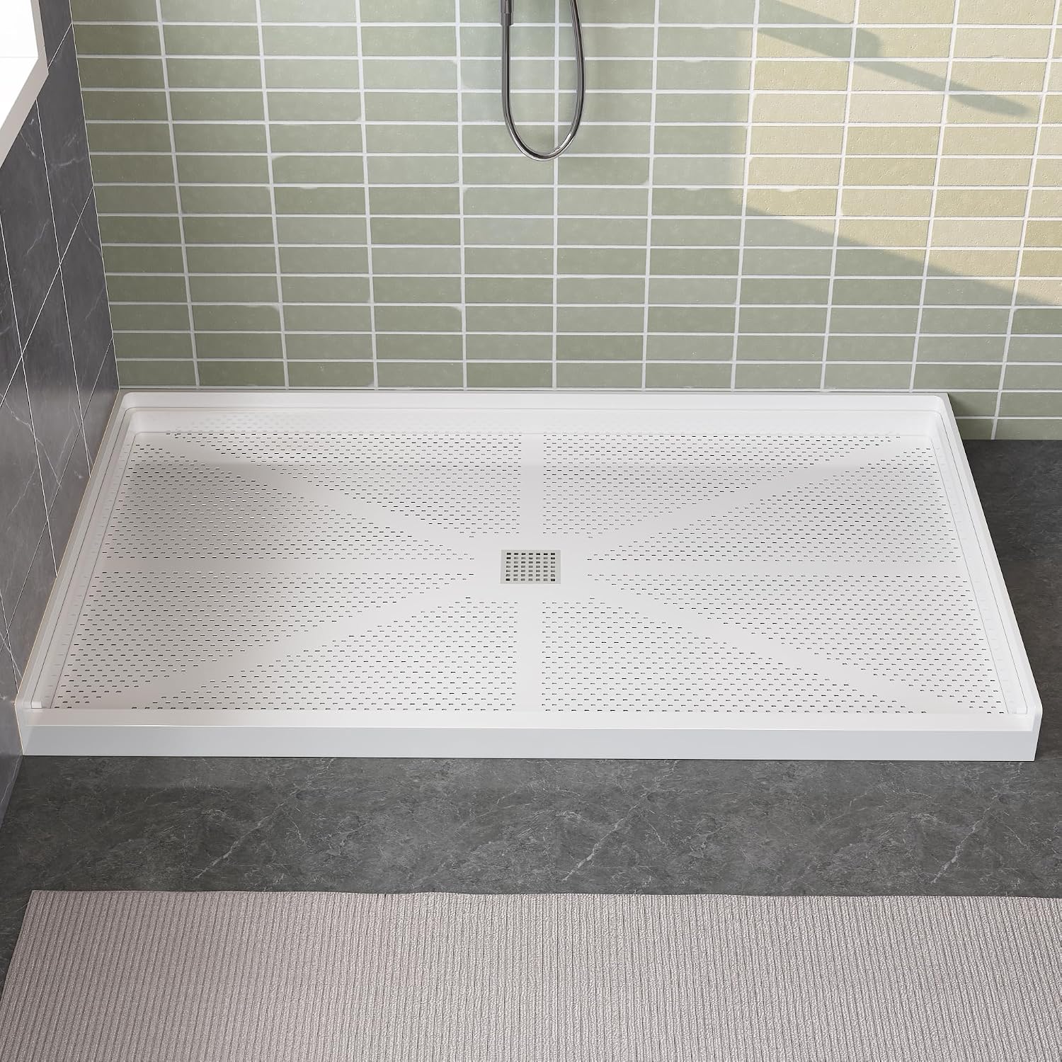 60'×32' Shower Base with Central Drain - Heavy-Duty Solid Surface Construction, 3' Barrier-Free Threshold & Slip-Resistant Textured Floor
