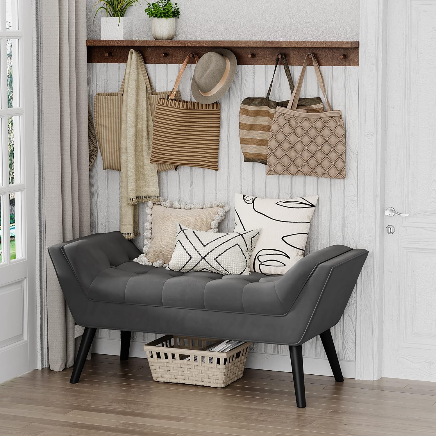 Andeworld Bed Bench Upholstered Tufted Footstool Entryway Ottoman Bench Two Seaters (Dark Gray)
