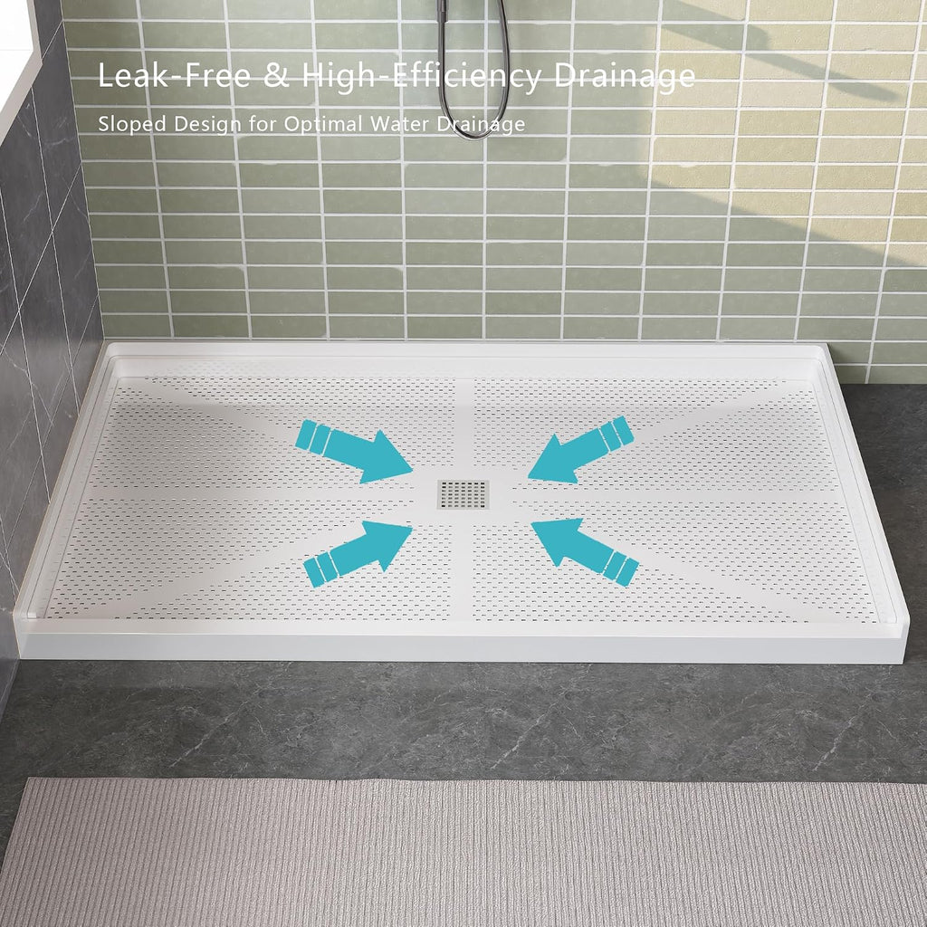 60'×32' Shower Base with Central Drain - Heavy-Duty Solid Surface Construction, 3' Barrier-Free Threshold & Slip-Resistant Textured Floor