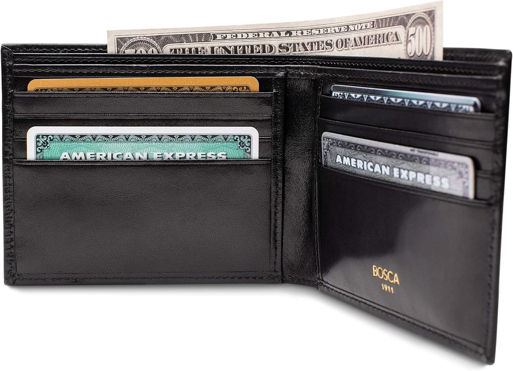 Bosca Men's Leather Wallet - RFID Security Lining - 8 Card Slots - Divided Currency Well - Full Grain Italian Leather with Glossy Finish - Black