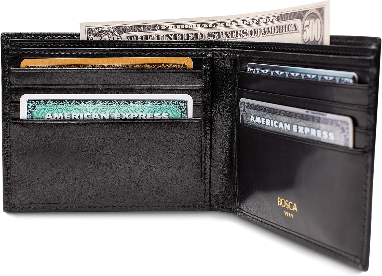 Bosca Men's Leather Wallet - RFID Security Lining - 8 Card Slots - Divided Currency Well - Full Grain Italian Leather with Glossy Finish - Black