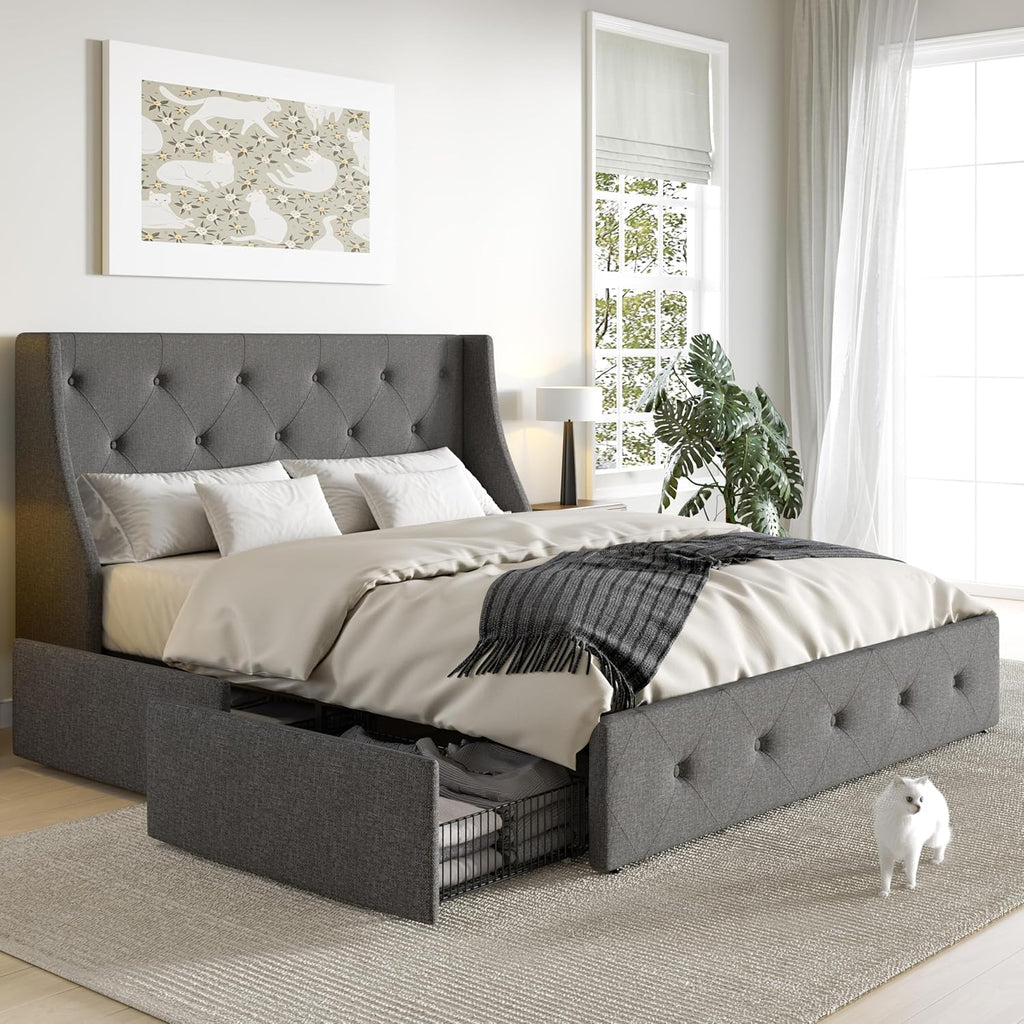 SHA CERLIN Upholstered Queen Size Platform Bed Frame with 4 Storage Drawers and Wingback Headboard, Diamond Stitched Button Tufted Design, No Box Spring Needed, Light Grey