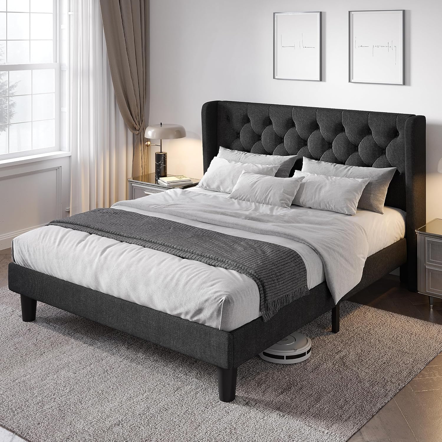 Allewie Full Size Bed Frame with Button Tufted Wingback Headboard, Modern Upholstered Bed Frame with Solid Wooden Slats Support - No Box Spring Needed, Easy Assembly, Black