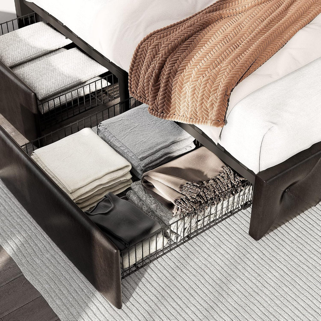 HOOMIC King Platform Storage Bed Frame with 4 Drawers & Adjustable Headboard, Wooden Slats, No Box Spring Needed,Diamond Stitched Button Tufted Design, Noise Free, Black Brown