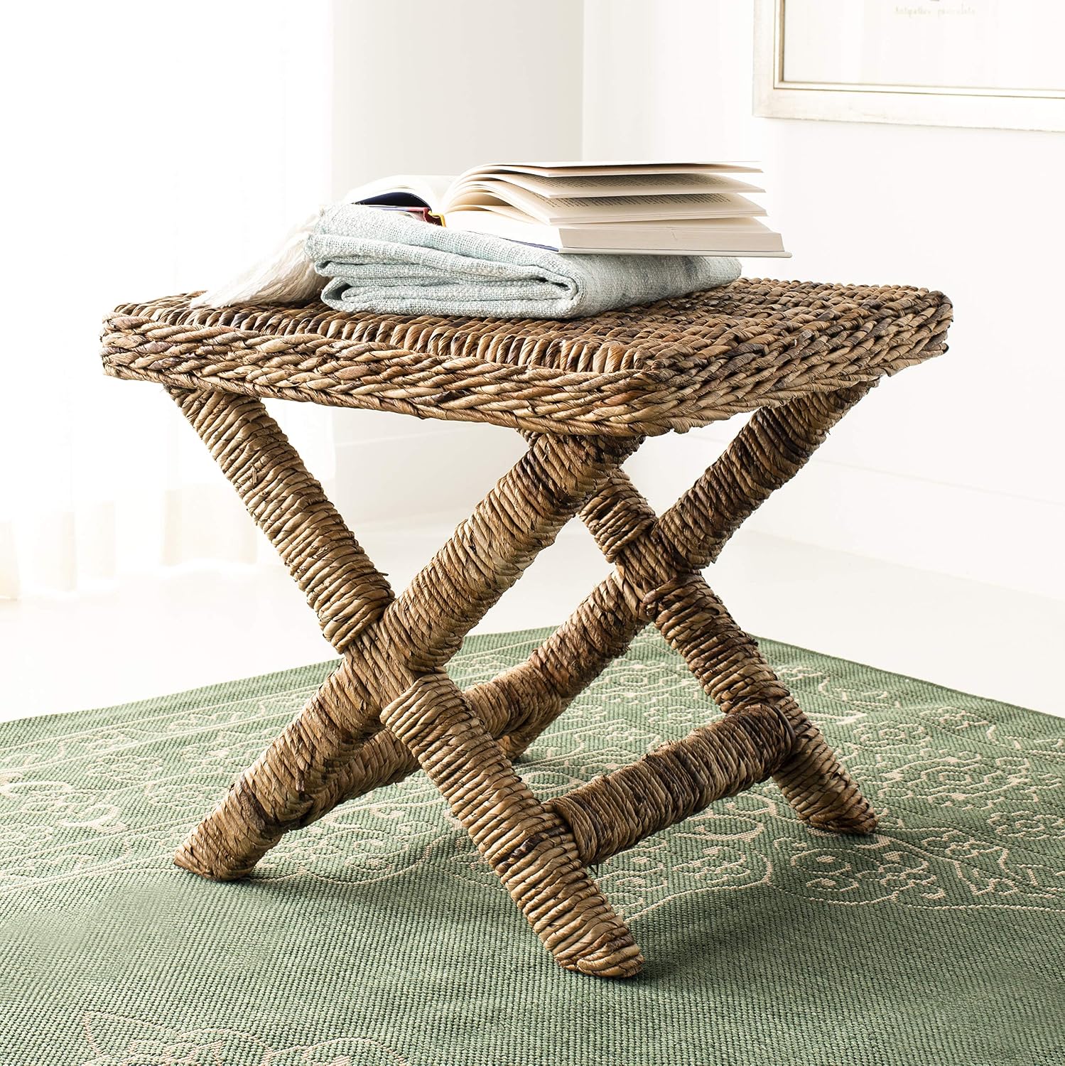 SAFAVIEH Furniture - Manor Natural Woven Rattan X Leg Bench Ottoman, Transitional Boho Accent Stool Seating, Fully Assembled, 22'W x 22'D x 19.5'H (FOX6529A)