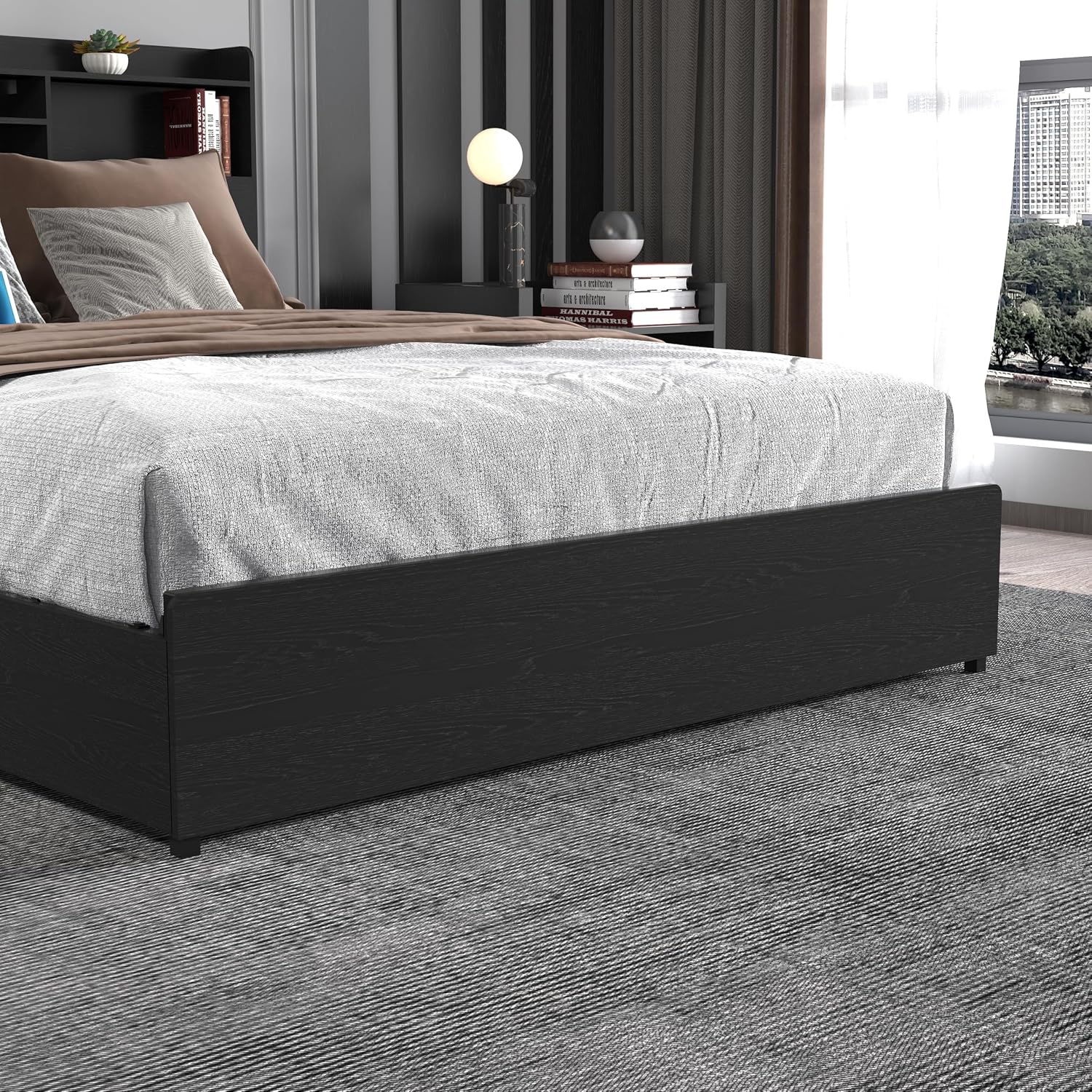 Ball & Cast Queen Bed Frame with 4 Storage Drawers,Metal Platform Beds Frame W/Storage Headboard,Led and Charging Station,No Box Spring Needed,Noise-Free,Bedroom Furniture for Apartment,Black