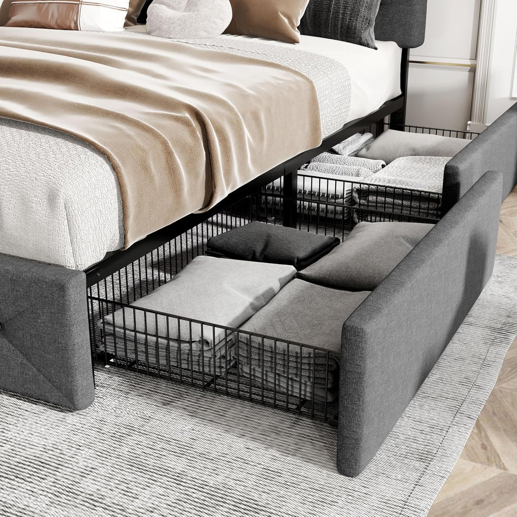 HOOMIC Queen Size Platform Storage Bed Frame with 4 Drawers & Adjustable Headboard, Wooden Slats, No Box Spring Needed,Diamond Stitched Button Tufted Design, No squeaks, Dark Grey