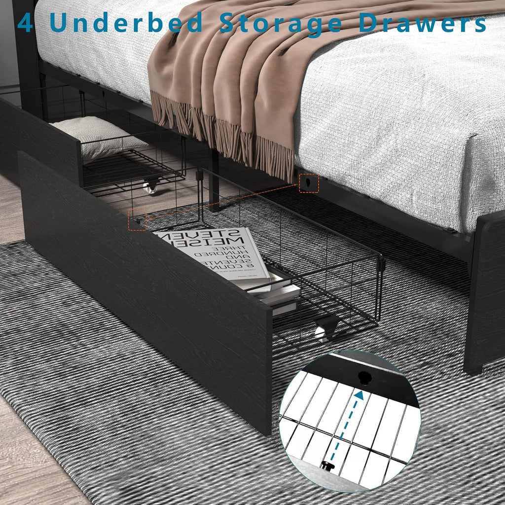 Ball & Cast Full Bed Frame with 4 Storage Drawers,Metal Platform Beds Frame W/Storage Headboard,Led and Charging Station,No Box Spring Needed,Noise-Free,Bedroom Furniture for Apartment,Black